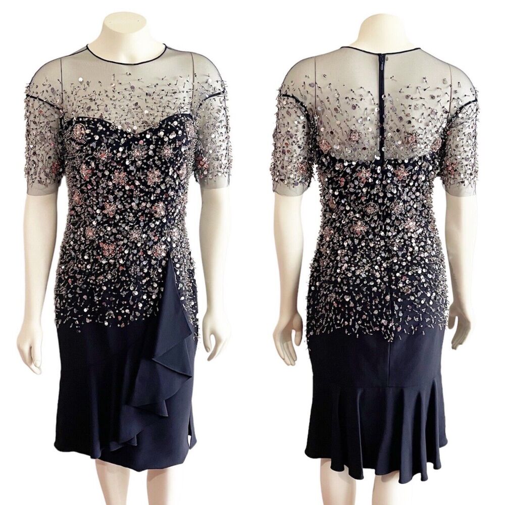 Pamella Roland Navy Confetti Sequin Beading Cocktail Dress Size 4 NWT